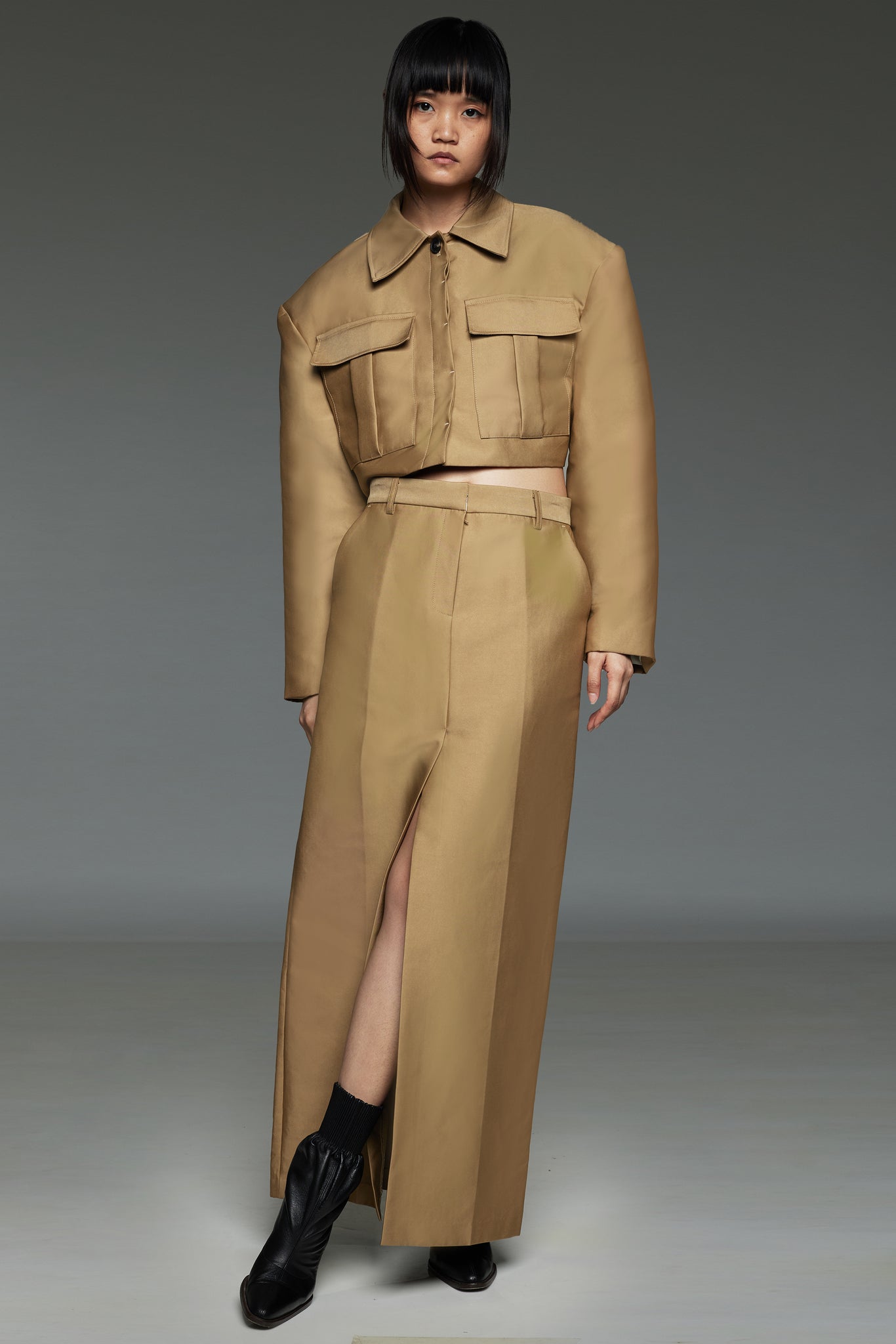 Golden Brown Cropped Jacket and Skirt Match Set