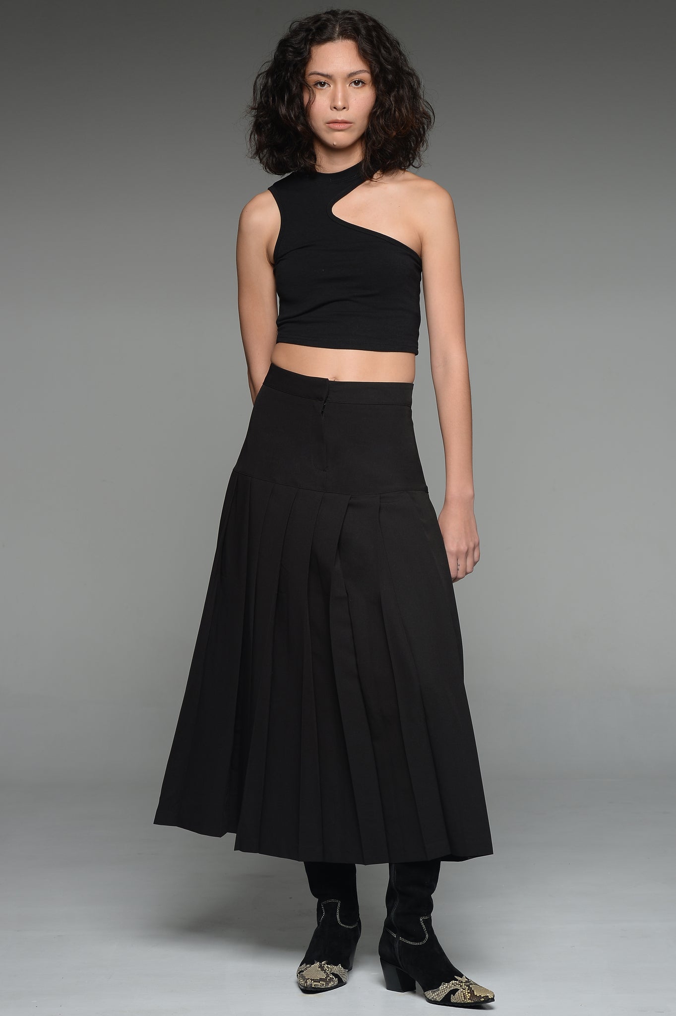 Black Drop Waist Pleated Skirt