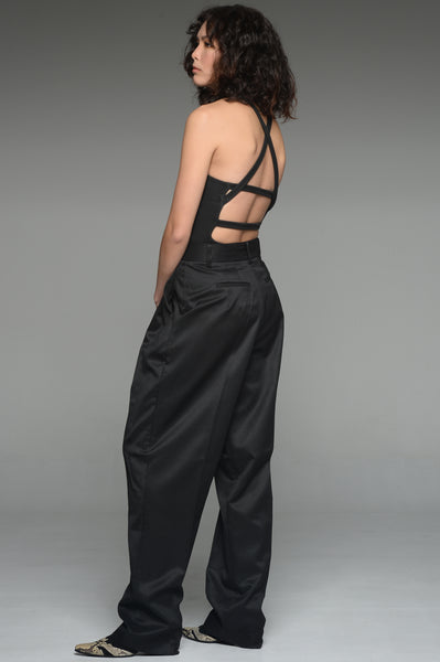 Black Double Pleat Tapered Trousers