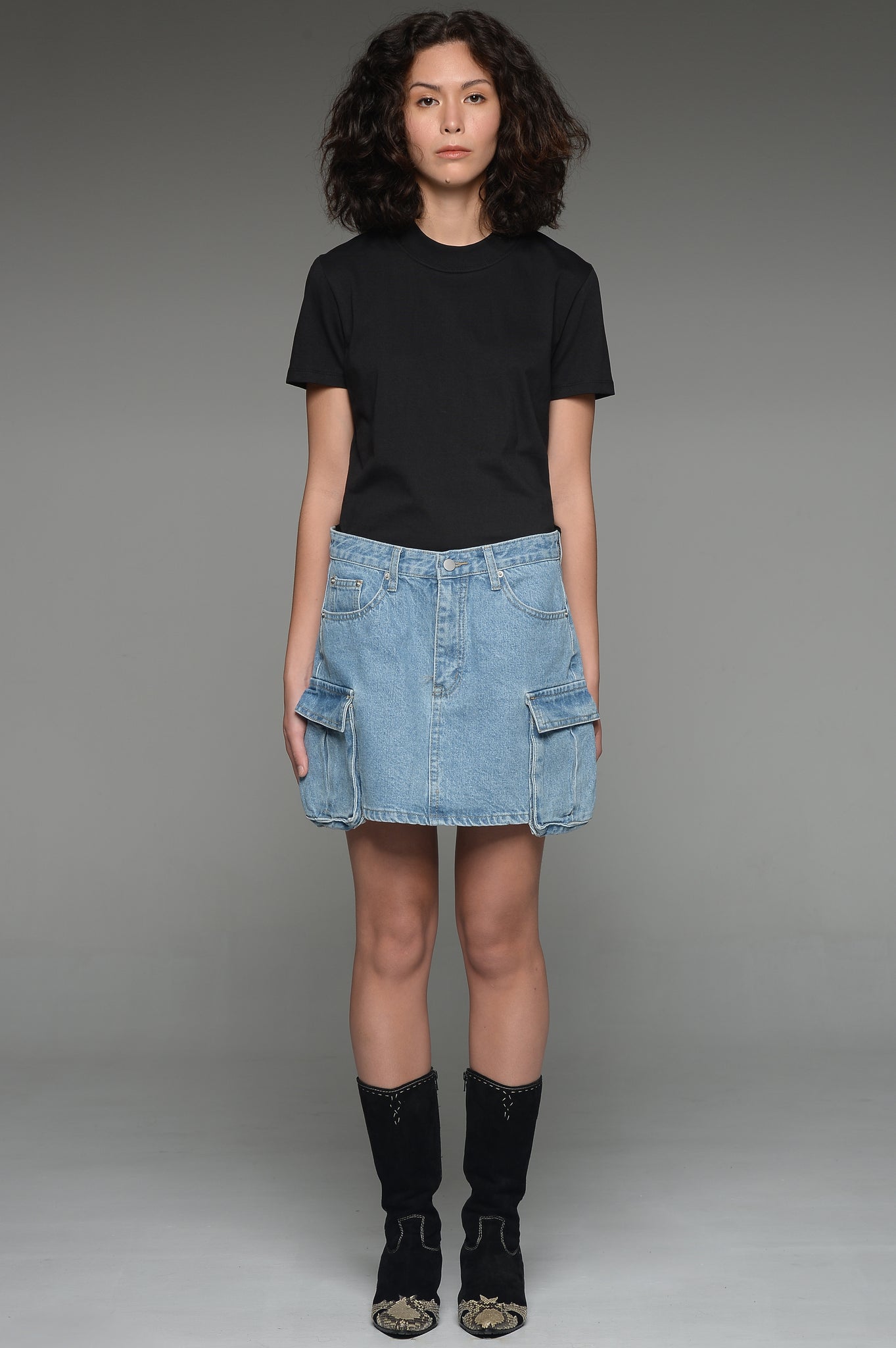 Light Wash Denim Mini Cargo Skirt