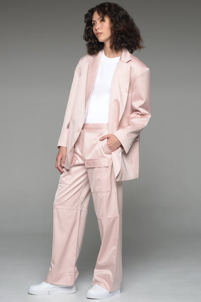 Light Pink Satin Blazer and Cargo Suit Set