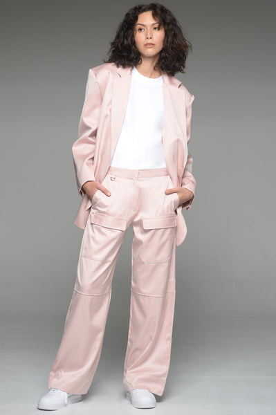 Light Pink Satin Blazer and Cargo Suit Set
