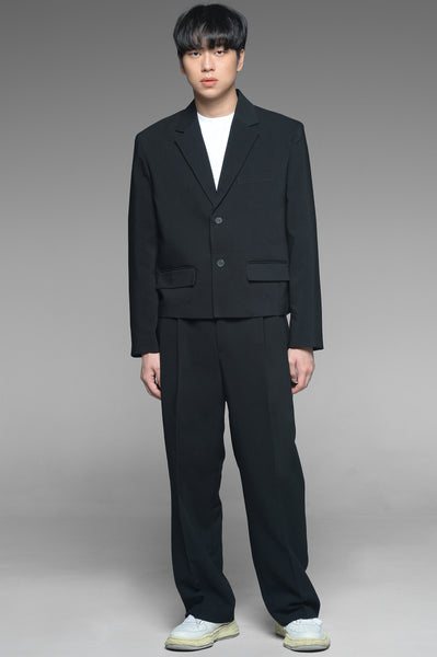 Black Single Breasted Cropped Jacket and Trousers Set