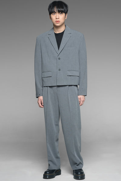 Gray Single Breasted Cropped Jacket and Trousers Set