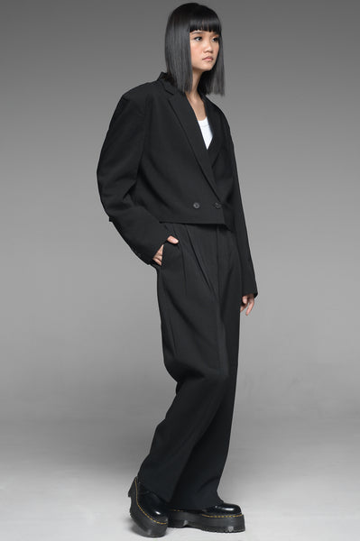 Black Two-Button Cropped Jacket and Trouser Set