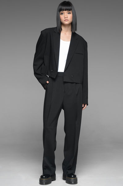 Black Two-Button Cropped Jacket and Trouser Set