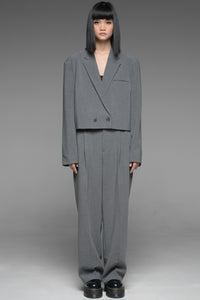Gray Two-Button Cropped Jacket and Trouser Set