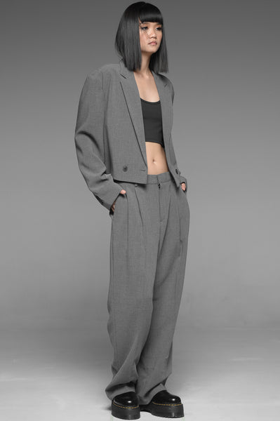 Gray Two-Button Cropped Jacket and Trouser Set