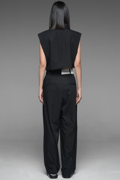 Black Asymmetric Vest and Half-White Waistband Trouser Set