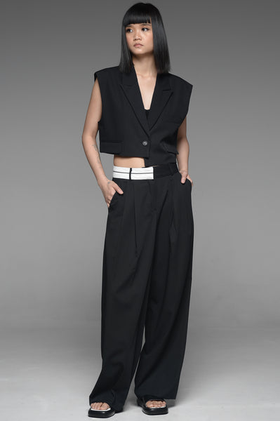 Black Asymmetric Vest and Half-White Waistband Trouser Set