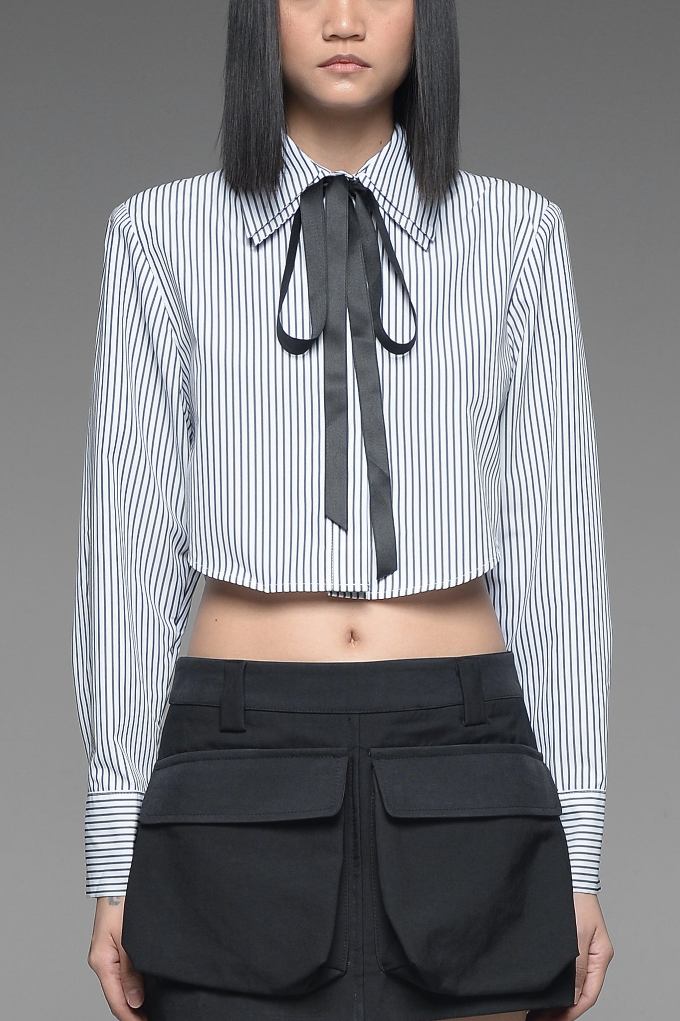 White Pinstriped Double Collar Cropped Shirt