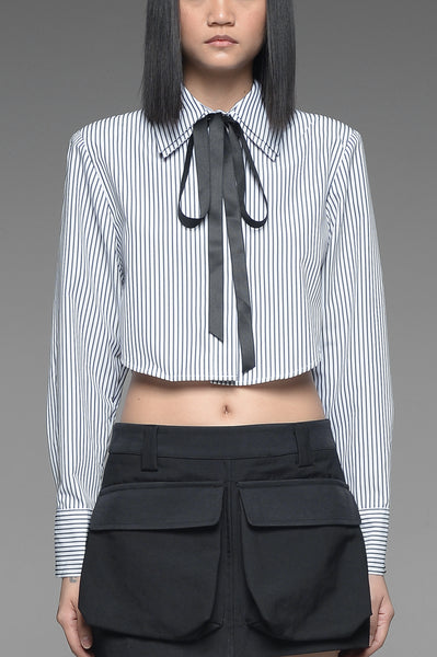 White Pinstriped Double Collar Cropped Shirt