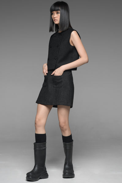 Black Sleeveless Tweed Top and Skirt Match Set