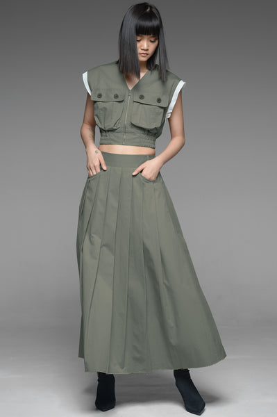 Green Gray Utility Vest and Pleated Skirt Match Set