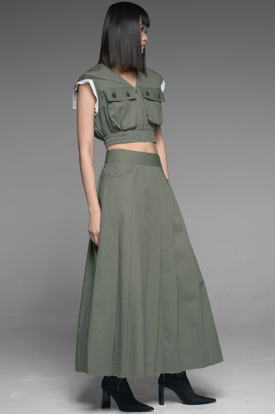 Green Gray Utility Vest and Pleated Skirt Match Set