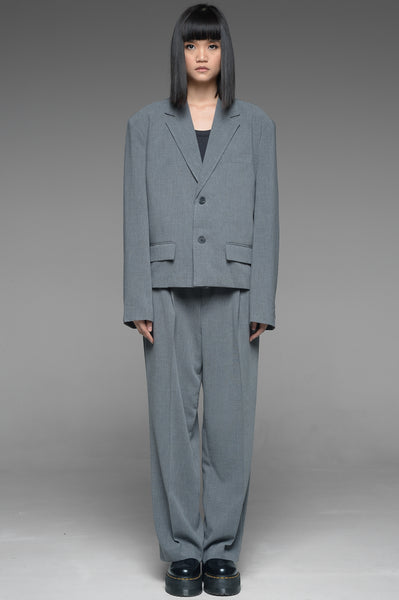 Gray Single Breasted Cropped Jacket and Trousers Set