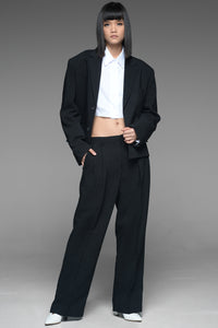 Black Single Breasted Cropped Jacket and Trousers Set