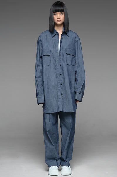 Chambray Oversized Button-Down Shirt and Trousers Match Set