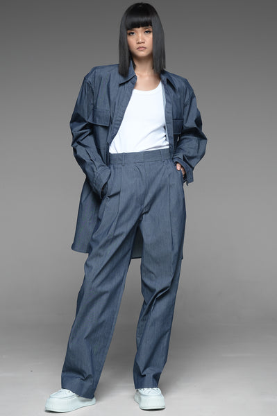 Chambray Oversized Button-Down Shirt and Trousers Match Set