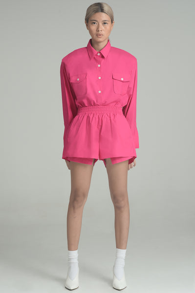 Fuschia Pink Padded Button-Down Shirt and Shorts Set