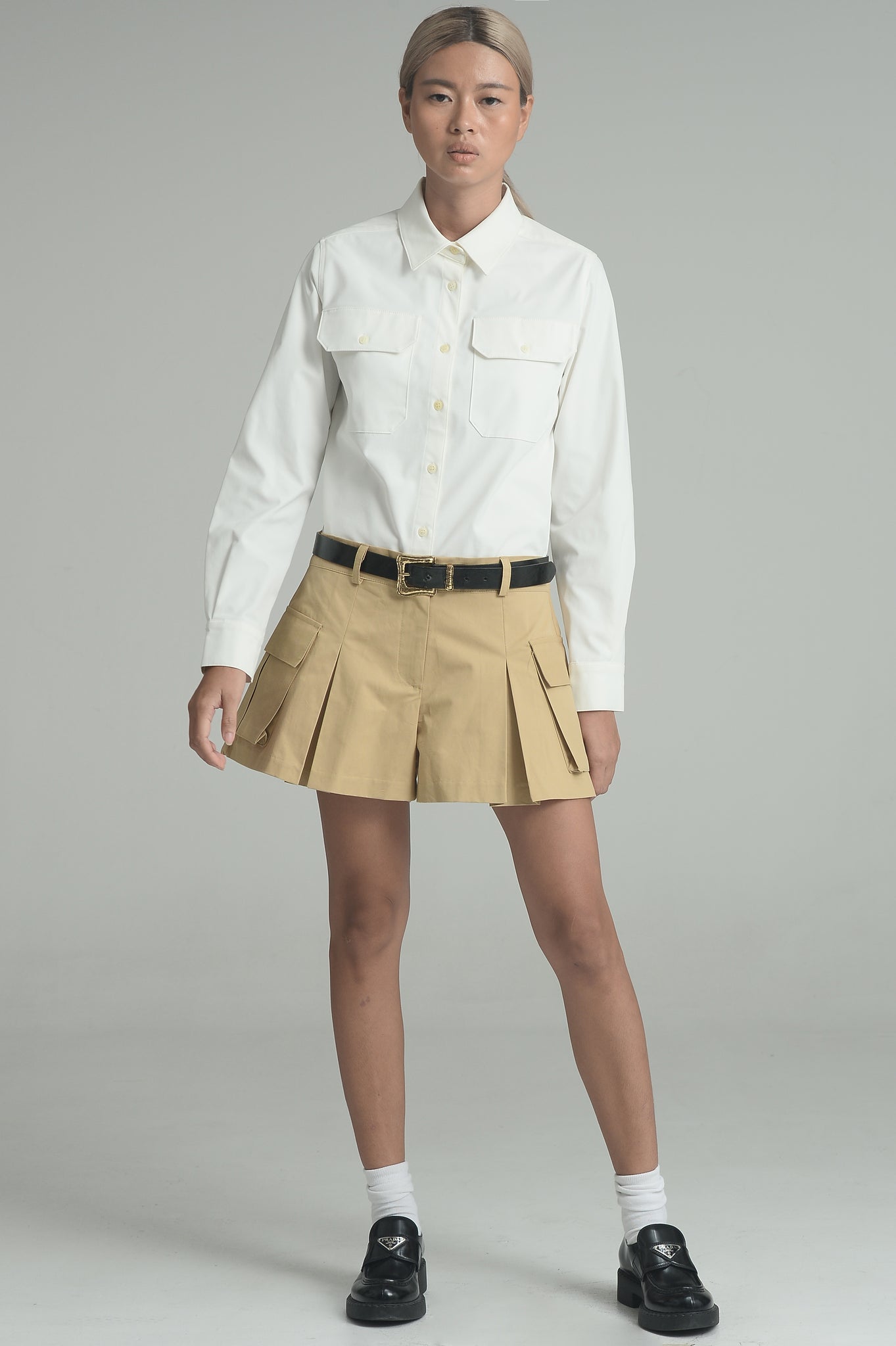 Khaki Pleated Mini Shorts