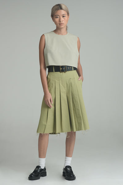 Olive Pleated Midi Shorts