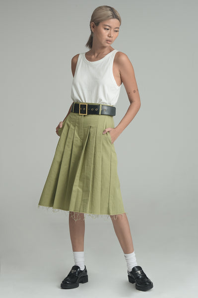 Olive Pleated Midi Shorts