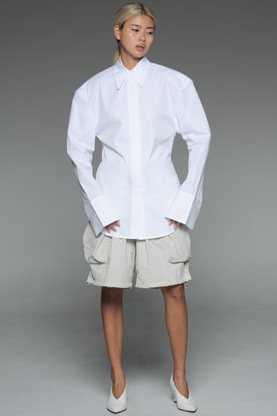 White Curved Waist Button-Down Shirt