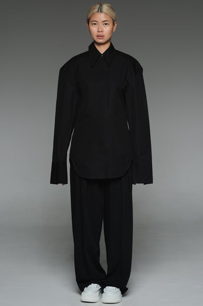 Black Curved Waist Button-Down Shirt